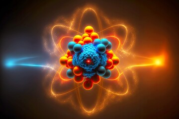 Poster - Nucleus of atom with atom orbit and luminous protons rotating around, created with generative ai