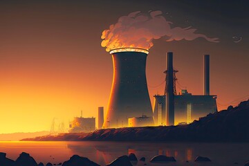 Wall Mural - Nuclear power plant with large nuclear reactor stands on shore of reservoir, created with generative ai