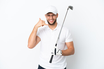 Poster - Handsome young man playing golf  isolated on white background making phone gesture. Call me back sign