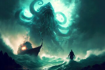 Wall Mural - Huge octopus sea monster attacks ship during storm, created with generative ai