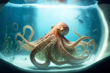 Wall Mural - Small octopus sea moves tentacles in murky water of aquarium, created with generative ai