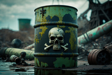 Waste barrel on the shore. Ocean pollution. radioactive waste. Pollution of the environment with hazardous waste. Barrel with oil. ai generated