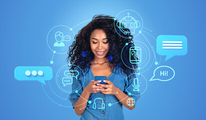 Poster - Black young woman using smartphone and Chatbot, online AI assistant