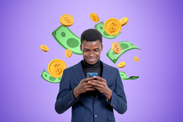 Black businessman with smartphone, money transfer. Coins and ban