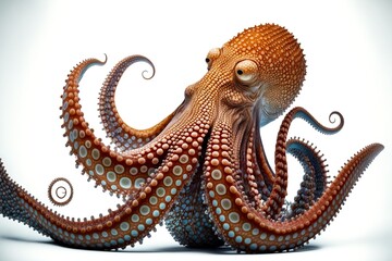 Wall Mural - Yellow brown octopus sea stands on its tentacles isolated on white background, created with generative ai