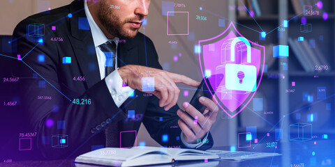 Poster - Businessman using smartphone, data protection and confidential i