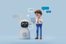3d Rendering. Cartoon Man With Laptop Asking Robot For Information