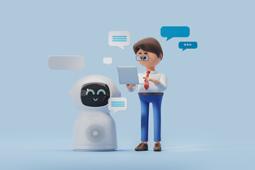 Poster - 3d rendering. Cartoon man with laptop asking robot for information