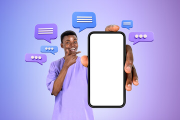 Poster - Black smiling man with smartphone mockup display, text message bubbles