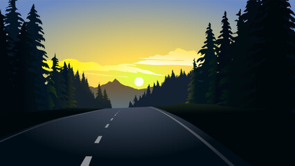 Wall Mural - Scenic sunset over pine forest with road