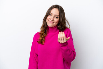 Canvas Print - Young caucasian woman isolated on white background inviting to come with hand. Happy that you came