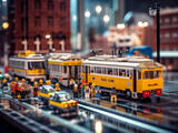 Fototapeta  - A miniature imaginary city built from plastic bricks. Residential and commercial buildings are built facing the road. The road is busy with vehicles. People are busy with their daily activities.
