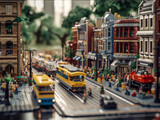 Fototapeta  - A miniature imaginary city built from plastic bricks. Residential and commercial buildings are built facing the road. The road is busy with vehicles. People are busy with their daily activities.