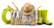 © amedeoemaja - Gardening tools set, wooden crate with garden kit, rubber green boots, hose, handle trowel, straw hat and protective gloves, isolated on white background. Concept of work or sale garden products