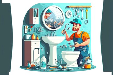 Wall Mural - Plumber fixing toilet in bathroom siphon and pipes, created with generative ai