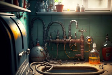 Poster - Sanitary repair of clogged siphon and pipes in kitchen, created with generative ai