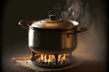 Wall Mural - Metal Steel Pot on Gas Burner Pan with Steam, created with generative ai