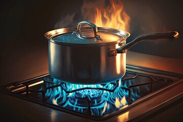 Poster - Boiling water in ladle on blue flame burner steel pot on gas burner, created with generative ai