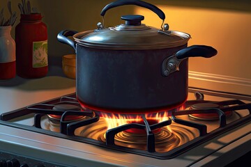 Wall Mural - Pot of boiling water inside standing on oven steel pot on gas burner, created with generative ai