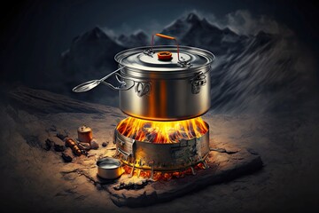 Wall Mural - Camping pan slow cooker steel pot on gas burner, created with generative ai