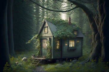 Sticker - Mysterious glowing green entwined tiny house in depths of forest, created with generative ai