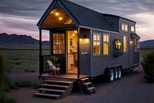 Trailer Cabin For Travel Tiny House On Wheels In Desert, Created With Generative Ai