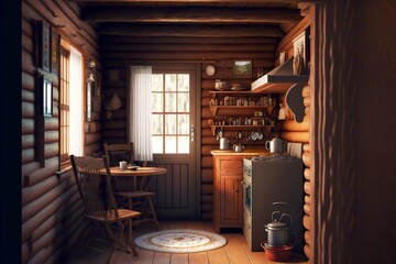 Sticker - Interior of wooden rustic cottage tiny house with dishes and furniture, created with generative ai