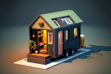 Sticker - Wooden Toy Glowing Tiny House on Wheels for Travel, created with generative ai