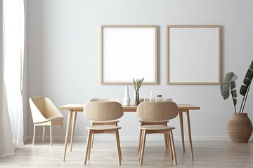 empty mock up poster frame in modern interior background, dinning room, Scandinavian style as interior idea - Generative AI