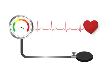 Classic blood pressure monitor with heartbeat line and pressure gauge isolated on white background. High blood pressure. hypertension. Heart rhythm.Vector.illustration.