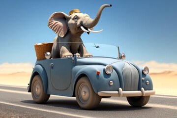 Elephant driving convertible car, enjoying, IA