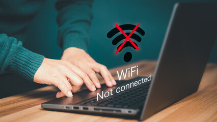 Poster - Man using a computer laptop to connect to wifi but wifi not connected, and waiting to loading digital business data form website, concept technology of waiting for connect to wifi.