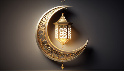 Arabic crescent moon and lantern pendant on a light Ramadan background. Generative AI