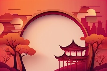 Eastern cartoon background with pagoda on clouds and sun with trees on building silhouttes red gradient background.