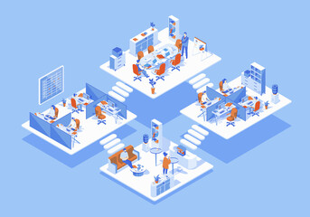 Leinwandbilder - Call center concept 3d isometric web scene with infographic. People working in different rooms, technical support operators calls to clients in office. Illustration in isometry graphic design