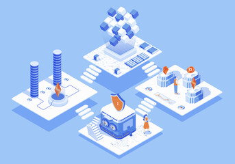 Fototapete - Cryptocurrency market concept 3d isometric web scene with infographic. People work and trade in abstract crypto farm, blockchain technology at platform. Illustration in isometry graphic design
