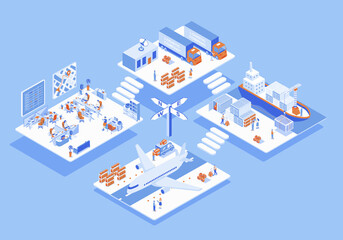 Poster - Logistic company concept 3d isometric web scene with infographic. People working in delivery office and provide road, marine and air transportations. Illustration in isometry graphic design