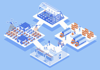 Fototapete - Modern agricultural concept 3d isometric web scene with infographic. People work at smart farm, research in laboratory, farming and export products. Illustration in isometry graphic design