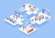 Outsourcing company concept 3d isometric web scene with infographic. People working in international company with global management and online teamwork. Illustration in isometry graphic design