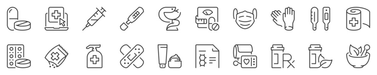 Pharmacy products and services thin line icon set. Symbol collection in transparent background. Editable vector stroke. 512x512 Pixel Perfect.