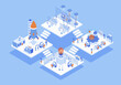 © alexdndz - Science center concept 3d isometric web scene with infographic. People making researches and tests, scientists staff working in office and laboratory. Illustration in isometry graphic design