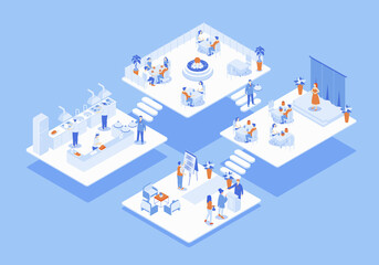 Poster - Restaurant concept 3d isometric web scene with infographic. People waiting at hall, sitting at tables in dining room or veranda, staff work at kitchen. Illustration in isometry graphic design