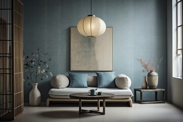 Sticker - White and blue wabi sabi living room with copy space. Pendant lit wooden and fabric couch. Japanese interiors. Generative AI