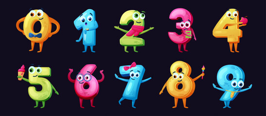 Numbers with smile faces. Cartoon characters. Cute math icons. Numeral symbols. Mathematics font. Arithmetic mascots with hands and legs. Emotions and gestures. Vector school recent set