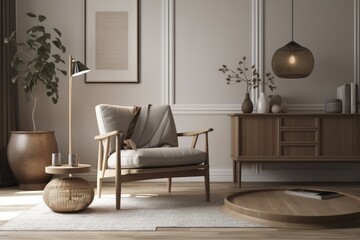 Poster - living room interior, comfy armchair with coffee table and decoration, house interior mockup,. gener