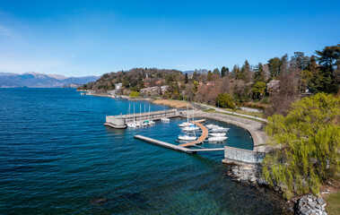 Sticker - high angle view of the small harbor and marina in Ispra on the shores of Lake Maggiore