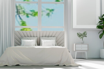 Wall Mural - Bed in the bedroom in a Scandinavian minimalist style. Light pillows on the bed. 3D Render