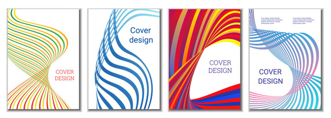 A set of 4 abstract covers. Wavy parallel gradient lines, ribbons evolve. Cover design, background. Trendy banner, poster.