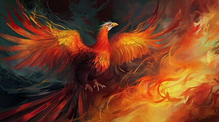 A majestic phoenix rising from the ashes of a fire. The bird is depicted in stunning detail illustrations, ai art