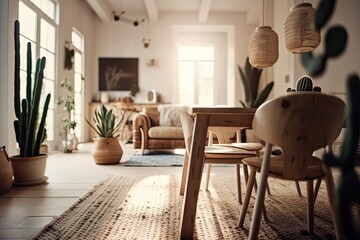 Poster - Blurred backdrop, stylish dining and living room. Table, seats, and carpet. Farmhouse decor,. Generative AI